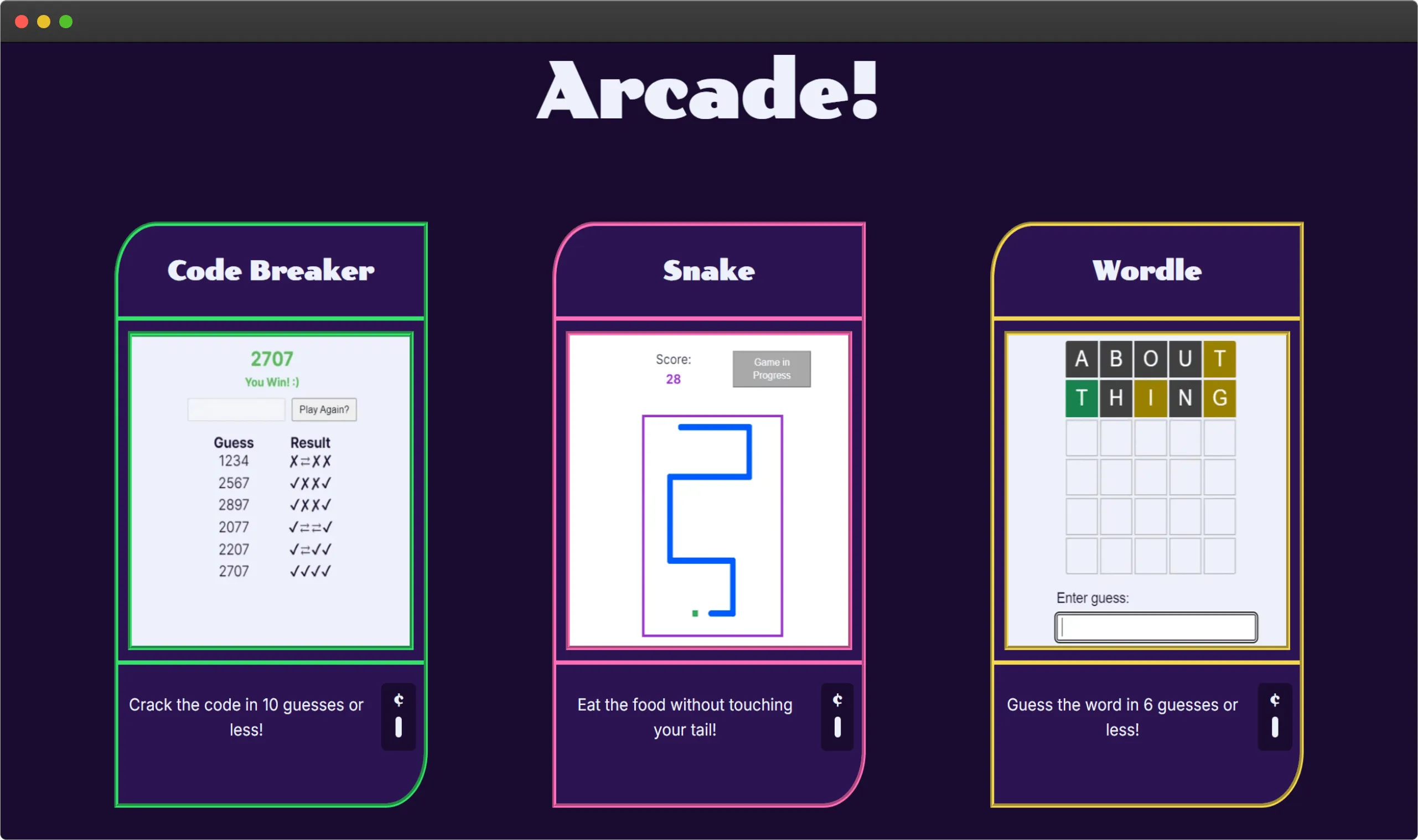 A heading reads 'Welcome to the Arcade!' on a dark purple background. Below the heading are three tall rectangles, each with the name of a game, a screenshot of the game, and a small blurb with the game objective.