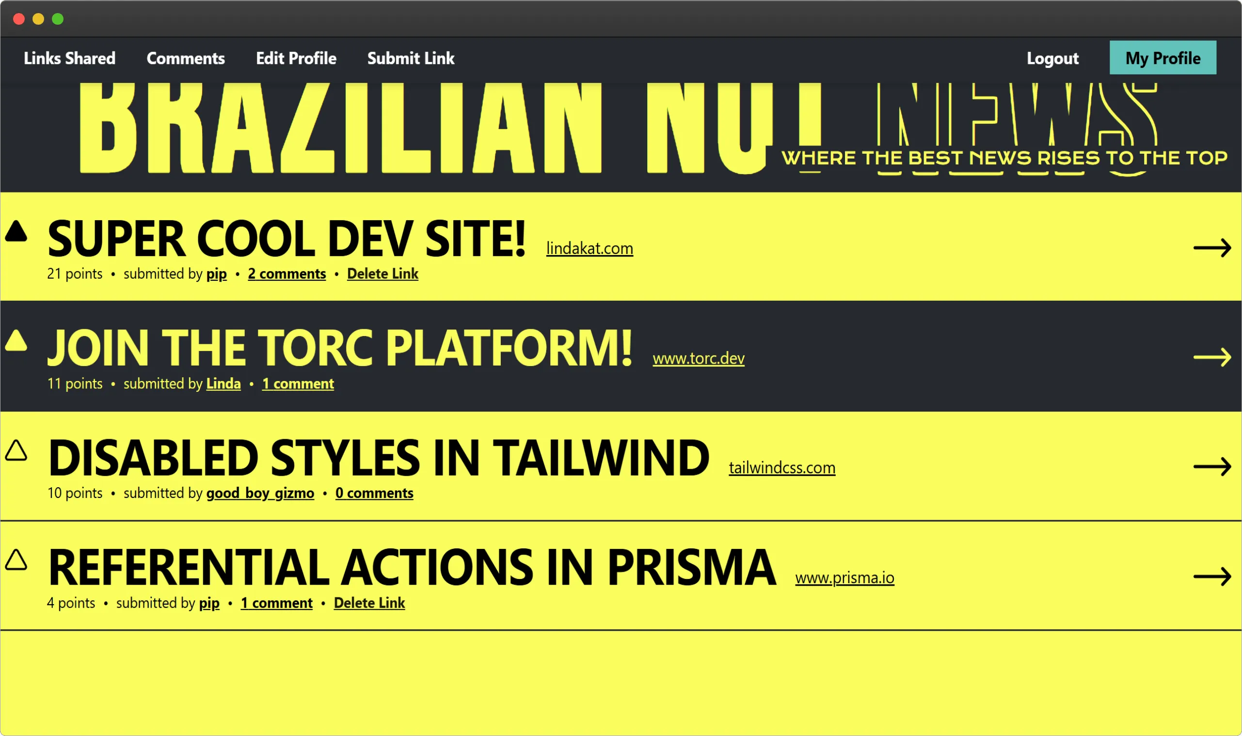 A tablet showing the Brazilian Nut News page. The background of the page is bright yellow, and it has 4 links in black text underneath a black background header. The links all have upward arrows to the right of them for upvotes, with arrows pointing right on the end to signify you can click each link to visit the page.