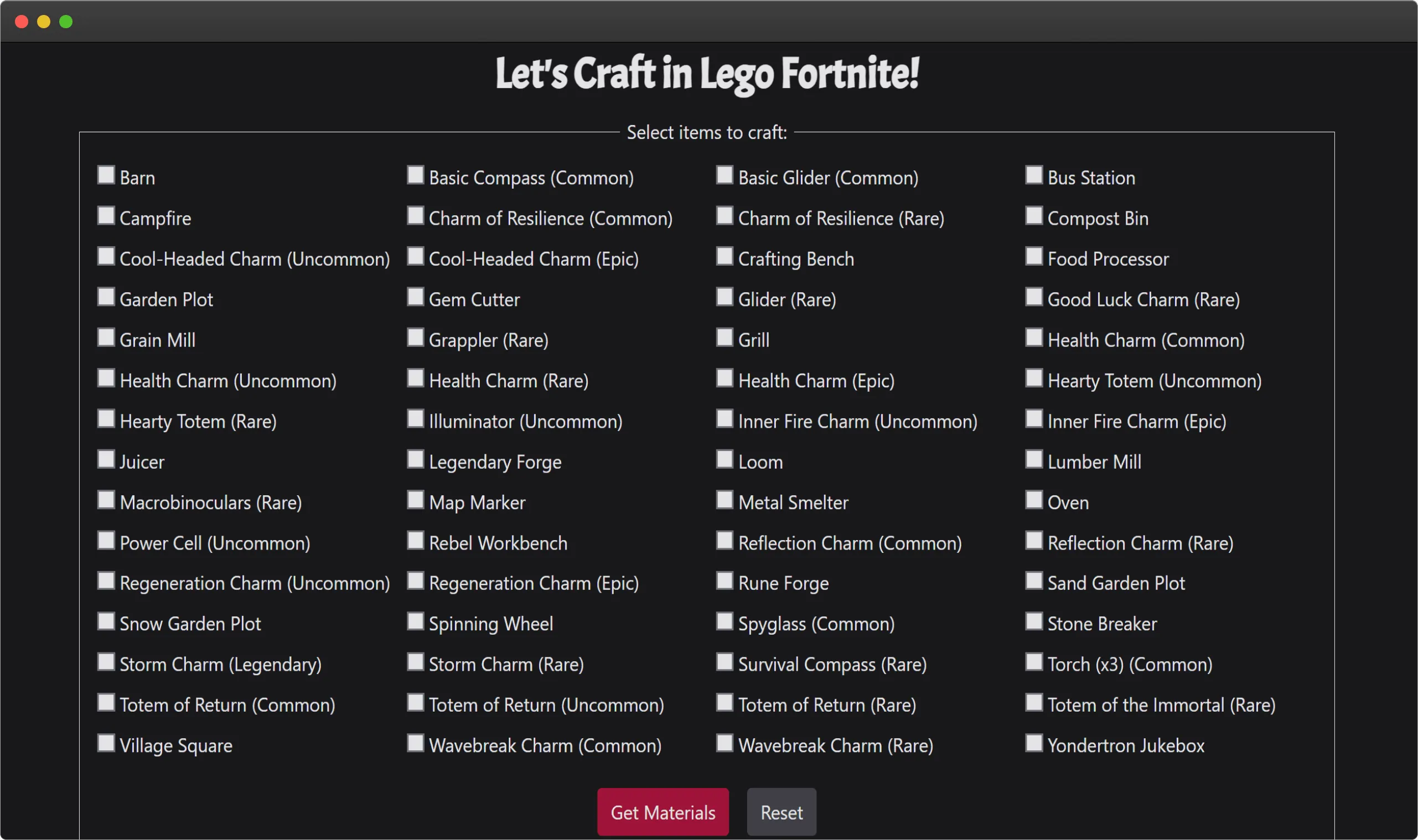 White text on a black background shows the heading text Let's Craft in Fortnite centered across the top of the page. Below is a form showing a list of items you can craft, with a button in red to get materials and one to reset the form. A few items are checked, and below the form is a list of the materials needed to craft the selected items.